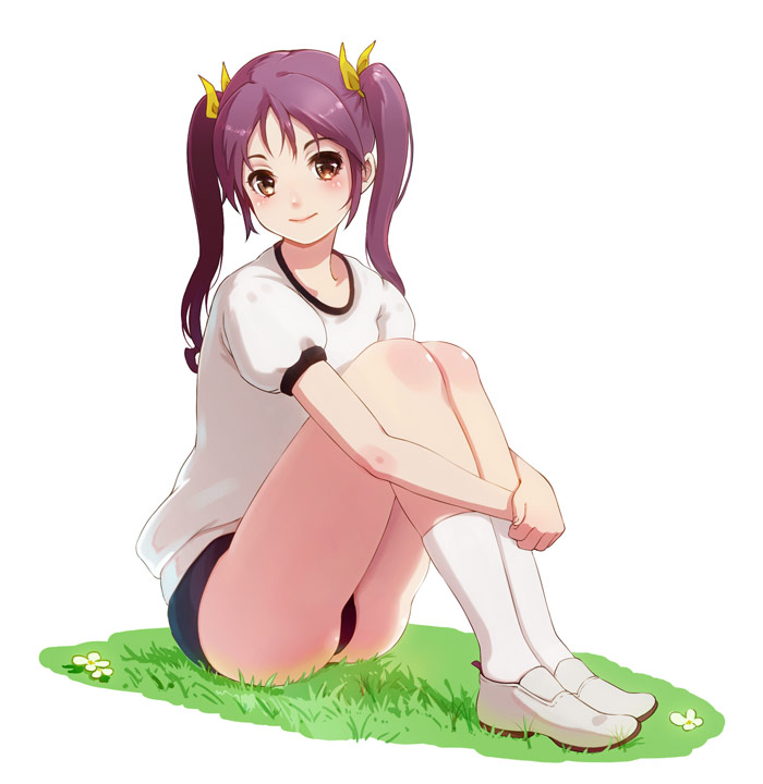 1girl, ass, black_buruma, brown_eyes, brown_hair, buruma, grass, gym_uniform