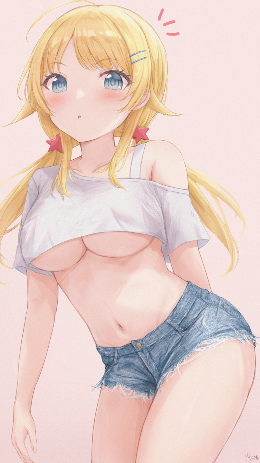 1girl, :o, ahoge, arm_behind_back, bare_shoulders, blonde_hair, blue_eyes, blush