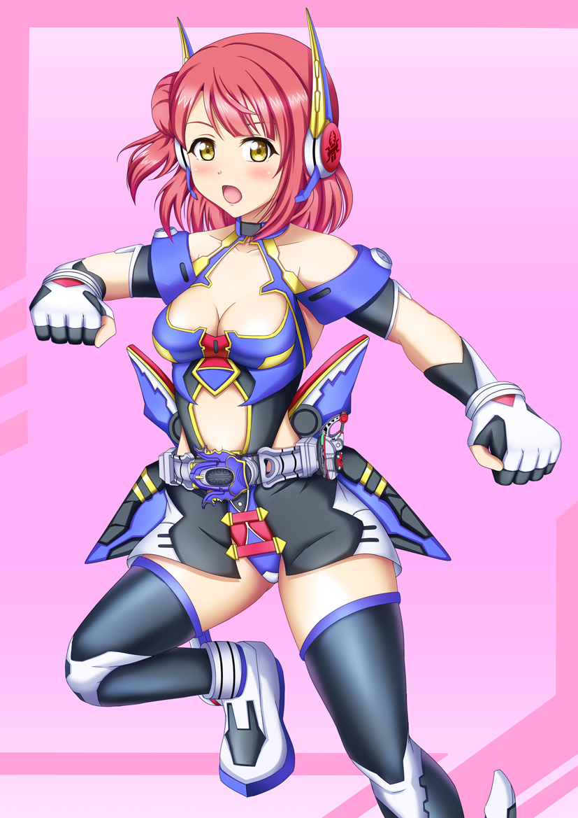 1girl, armor, armored_dress, artist_name, bare_shoulders, black_shorts, black_thighhighs, blue_leotard, blush, braid, braided_bun, breasts, cleavage, collarbone, dress, female_focus, gatack_zecter, gedooman, gloves, green_eyes, hair_bun, headset, hyper_zector, kamen_rider, kamen_rider_gatack, kamen_rider_kabuto_(series), leotard, looking_at_viewer, love_live!, love_live!_nijigasaki_high_school_idol_club, medium_breasts, orange_hair, parted_lips, red_hair, shoes, short_hair, shorts, side_bun, single_hair_bun, smile, solo, thighhighs, uehara_ayumu, white_gloves, white_shoes, yellow_eyes