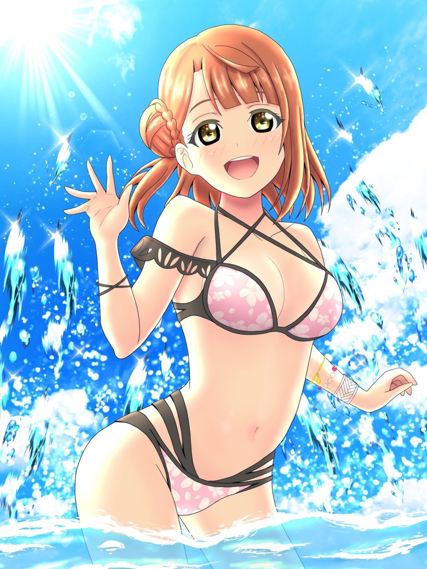 1girl, bare_legs, bare_shoulders, bikini, blue_sky, blush, bra, bracelet