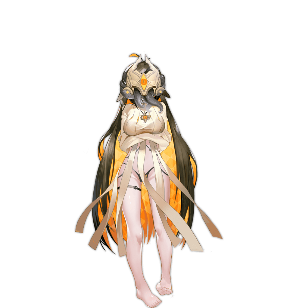 1girl, antenna_hair, ark_order, bare_legs, black_hair, black_panties, blonde_hair, breasts, colored_inner_hair, covered_face, crossed_arms, dorsiflexion, dress, full_body, hastur_(ark_order), jewelry, large_breasts, long_hair, mask, multicolored_hair, necklace, official_art, panties, pppppan, solo, tachi-e, tentacles, thigh_strap, transparent_background, underwear, very_long_hair, white_dress