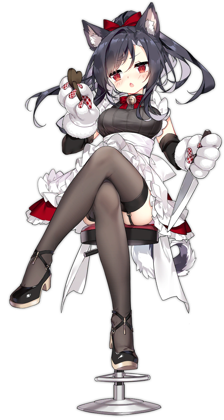 1girl, animal_ears, animal_hands, azur_lane, black_garter_straps, black_hair, black_shoes, box, breasts, brown_thighhighs, chocolate_making, crossed_legs, dress, garter_straps, gift, high_heels, highres, lace, lace-trimmed_legwear, lace_trim, long_hair, looking_at_viewer, official_alternate_costume, official_art, red_eyes, saru, shigure_(azur_lane), shigure_(lucky_chocolate)_(azur_lane), shoes, simple_background, sitting, small_breasts, solo, thighhighs, transparent_background, white_dress