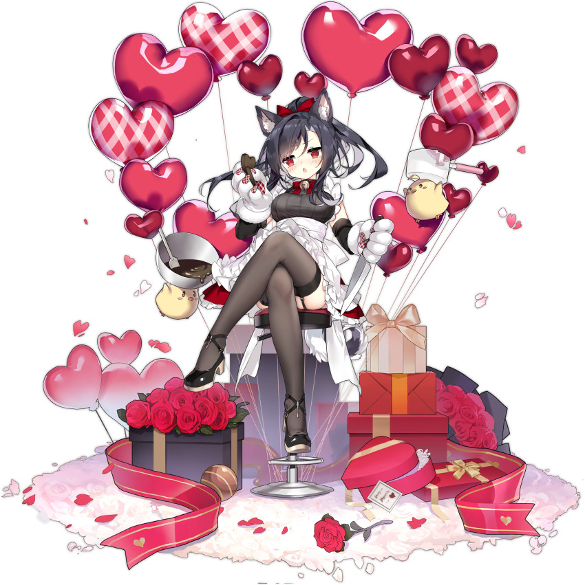 1girl, animal_ears, animal_hands, azur_lane, balloon, black_garter_straps, black_hair, black_shoes, box, breasts, brown_thighhighs, chocolate_making, crossed_legs, dress, garter_straps, gift, gift_box, heart_balloon, high_heels, highres, lace, lace-trimmed_legwear, lace_trim, long_hair, looking_at_viewer, manjuu_(azur_lane), official_alternate_costume, official_art, red_eyes, saru, shigure_(azur_lane), shigure_(lucky_chocolate)_(azur_lane), shoes, sitting, small_breasts, solo, thighhighs, transparent_background, white_dress