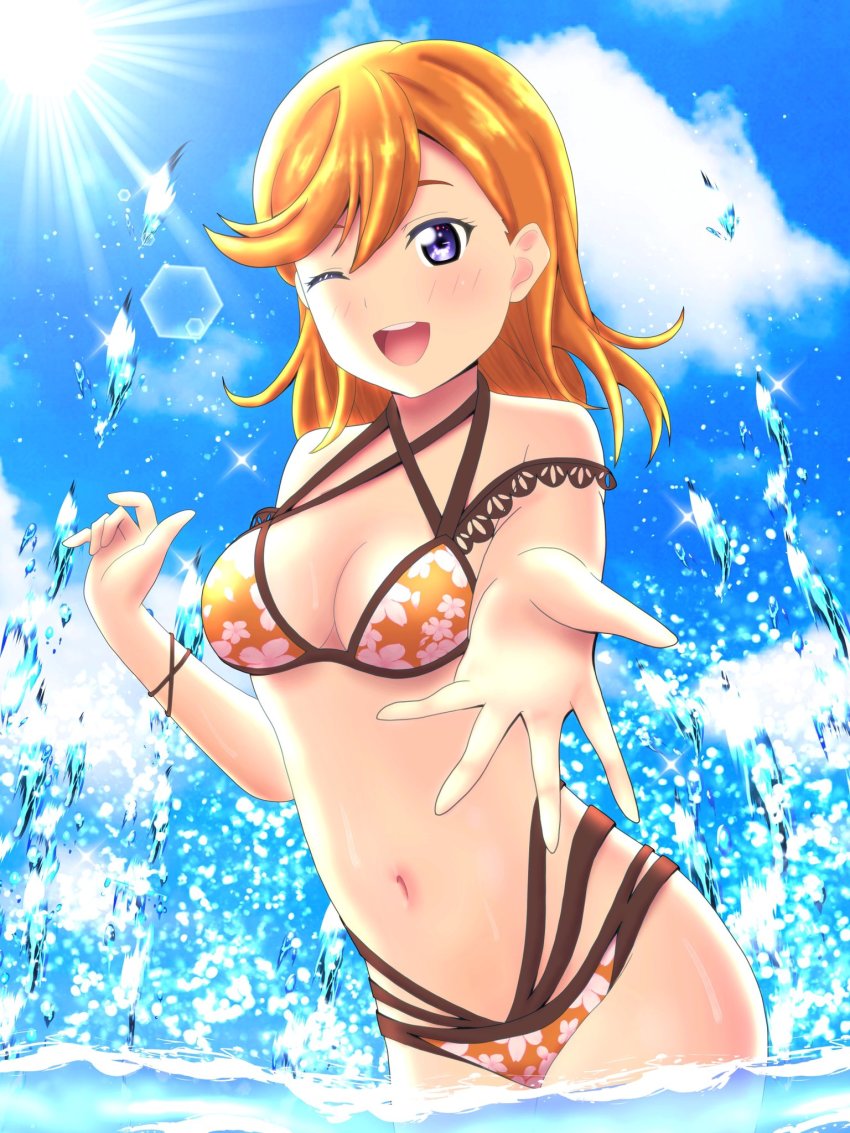 bikini, blue_eyes, bra, etzalindex, ezzari_(etzalindex), highres, kurosawa_dia, kurosawa_dia_(dengeki_g's_poster_swimsuit), love_live!, love_live!_superstar!!, multi-strapped_bikini, multi-strapped_bikini_bottom, multi-strapped_bikini_top, multi-strapped_bra, multi-strapped_panties, multi-strapped_pants, multi-strapped_swimsuit, multi-strapped_underwear, ocean, orange_hair, panties, shibuya_kanon, swimsuit, underwear, water