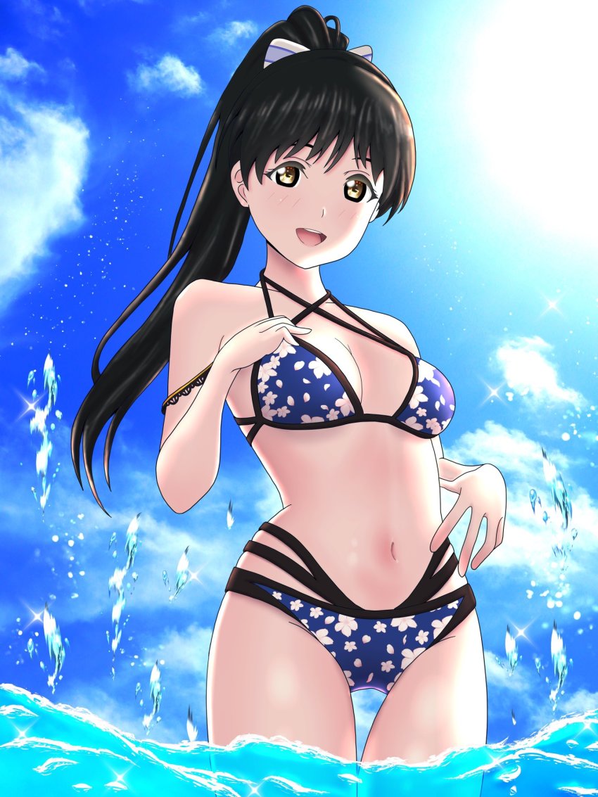 bikini, black_hair, bra, etzalindex, ezzari_(etzalindex), hazuki_ren, highres, kurosawa_dia, kurosawa_dia_(dengeki_g's_poster_swimsuit), love_live!, love_live!_superstar!!, multi-strapped_bikini, multi-strapped_bikini_bottom, multi-strapped_bikini_top, multi-strapped_bra, multi-strapped_panties, multi-strapped_pants, multi-strapped_swimsuit, multi-strapped_underwear, ocean, panties, swimsuit, underwear, water, yellow_eyes