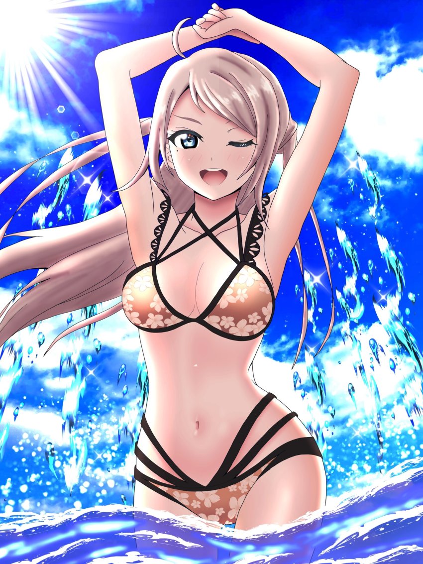 1girl, bikini, bra, etzalindex, ezzari_(etzalindex), highres, kurosawa_dia, kurosawa_dia_(dengeki_g's_poster_swimsuit), love_live!, love_live!_nijigasaki_high_school_idol_club, love_live!_school_idol_festival_all_stars, multi-strapped_bikini, multi-strapped_bikini_bottom, multi-strapped_bikini_top, multi-strapped_bra, multi-strapped_panties, multi-strapped_pants, multi-strapped_swimsuit, multi-strapped_underwear, ocean, panties, swimsuit, underwear, water, zhong_lanzhu