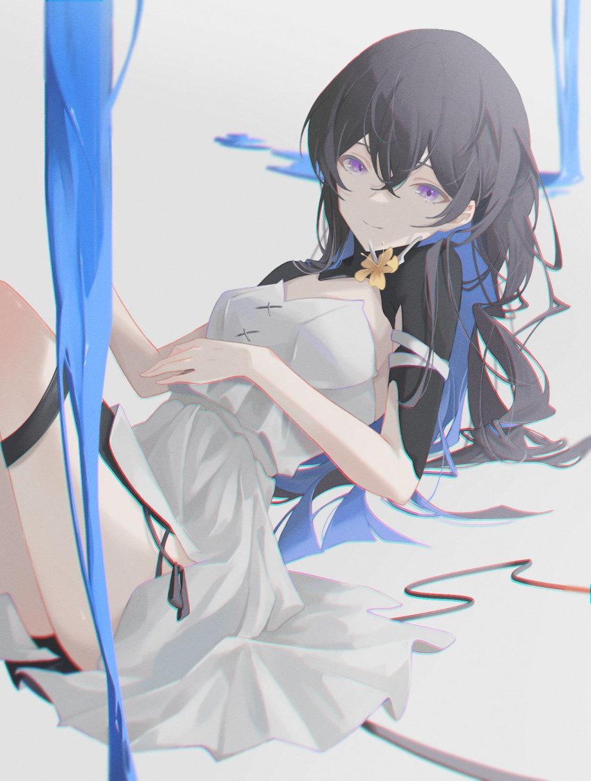 1girl, black_hair, blue_eyes, blue_hair, breasts, dress, hair_between_eyes, highres, lazel_(lazel_1057), long_hair, lying, medium_breasts, punishing:_gray_raven, selena:_capriccio_(pgr), selena_(pgr), smile, solo, white_dress