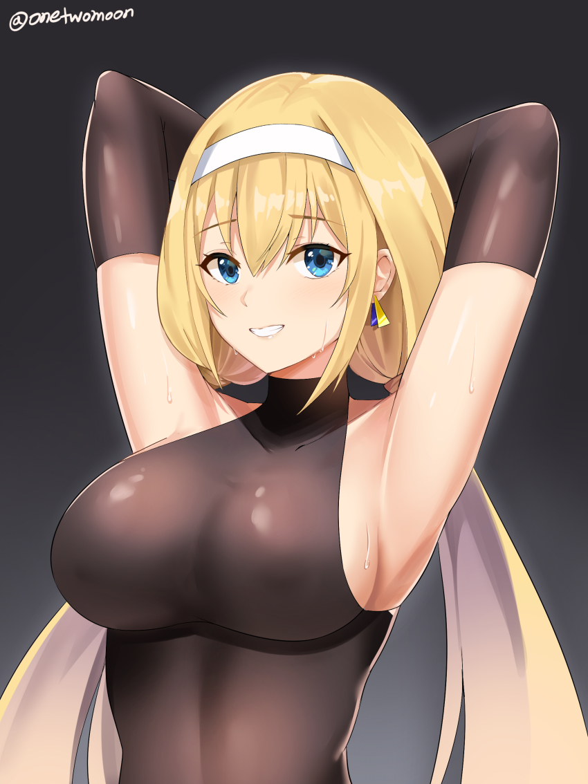 1girl, absurdres, armpits, arms_behind_head, artist_name, black_background, black_gloves, blush