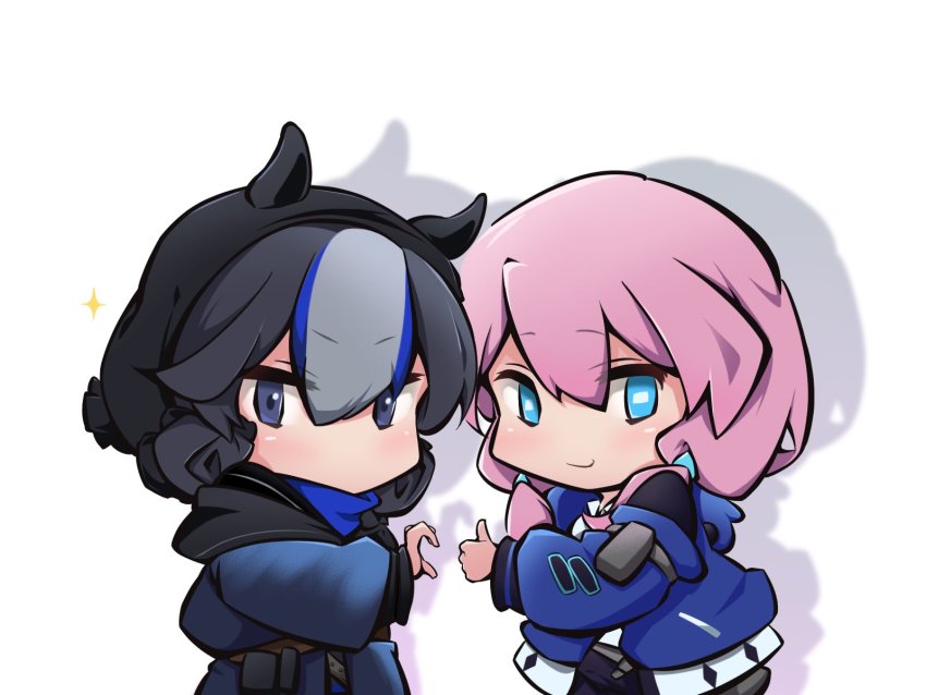 2girls, arknights, black_hair, blue_eyes, blue_jacket, blue_poison_(arknights), chibi, closed_mouth