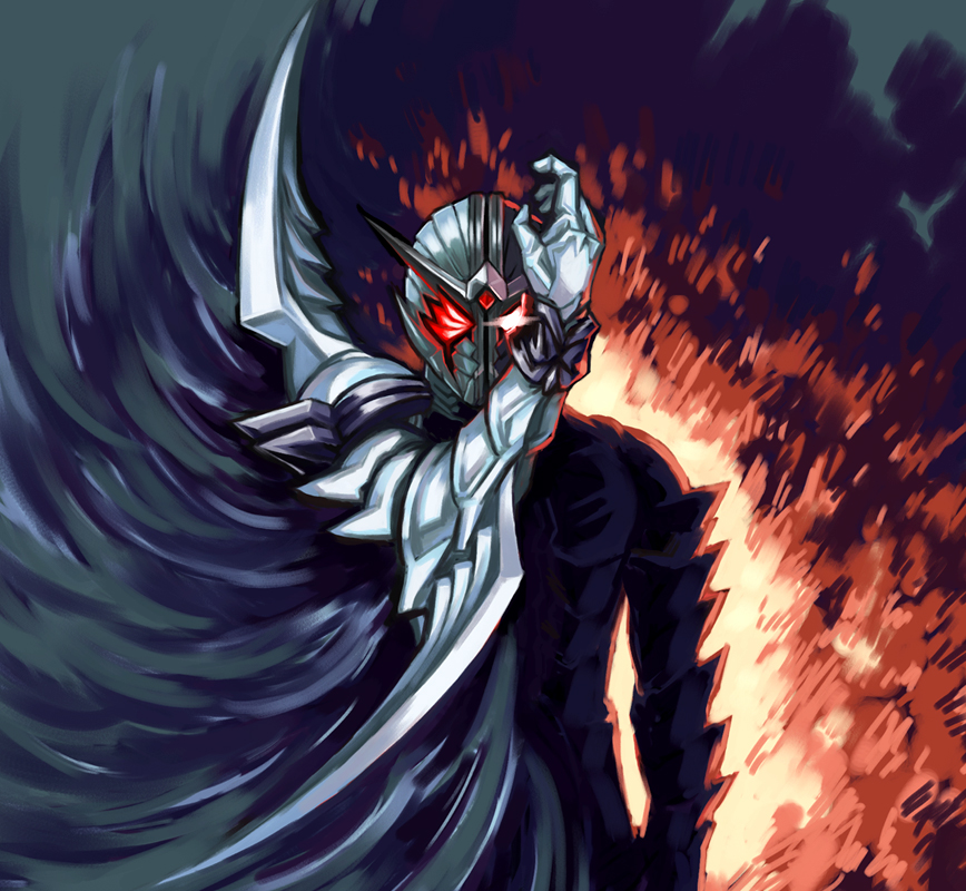 1boy, antennae, epic, glowing, glowing_eyes, kamen_rider, kamen_rider_double, kamen_rider_double_(fangjoker), kamen_rider_w, male_focus, solo, utu_(ldnsft)