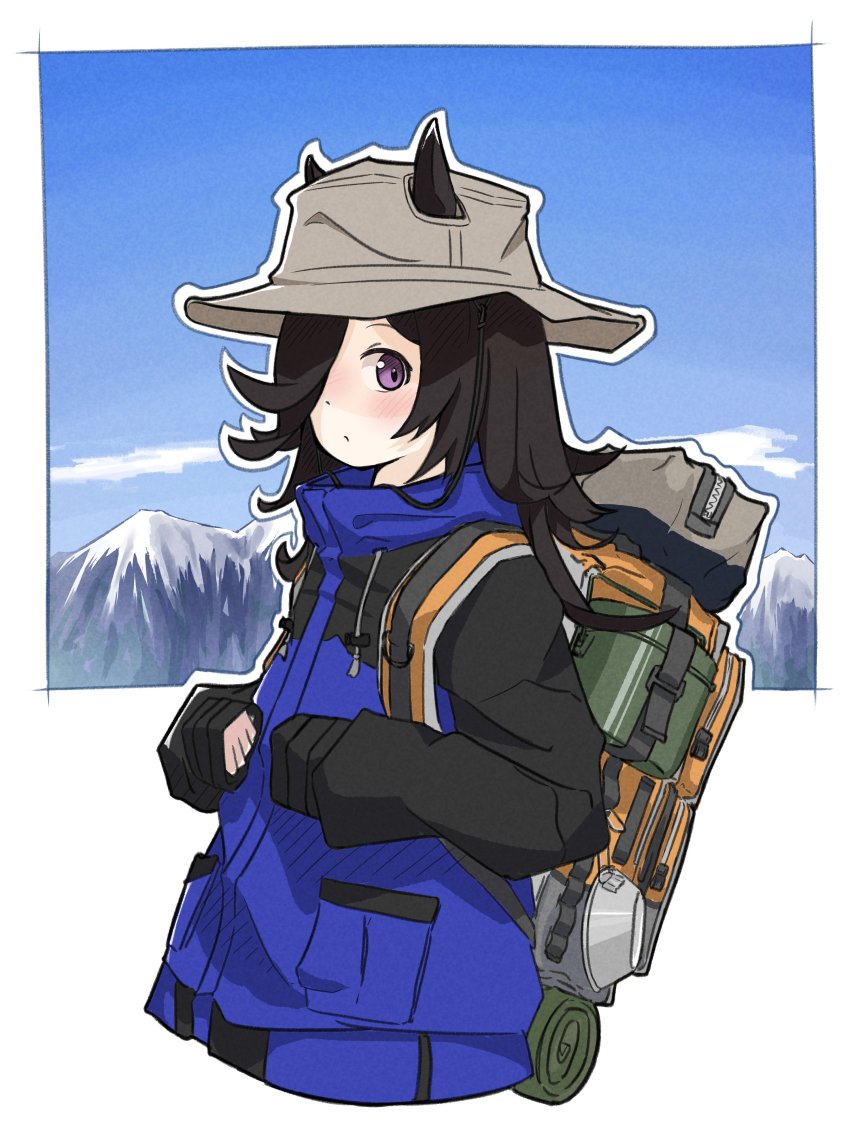 1girl, absurdres, backpack, bag, black_hair, blue_jacket, blush, brown_hat