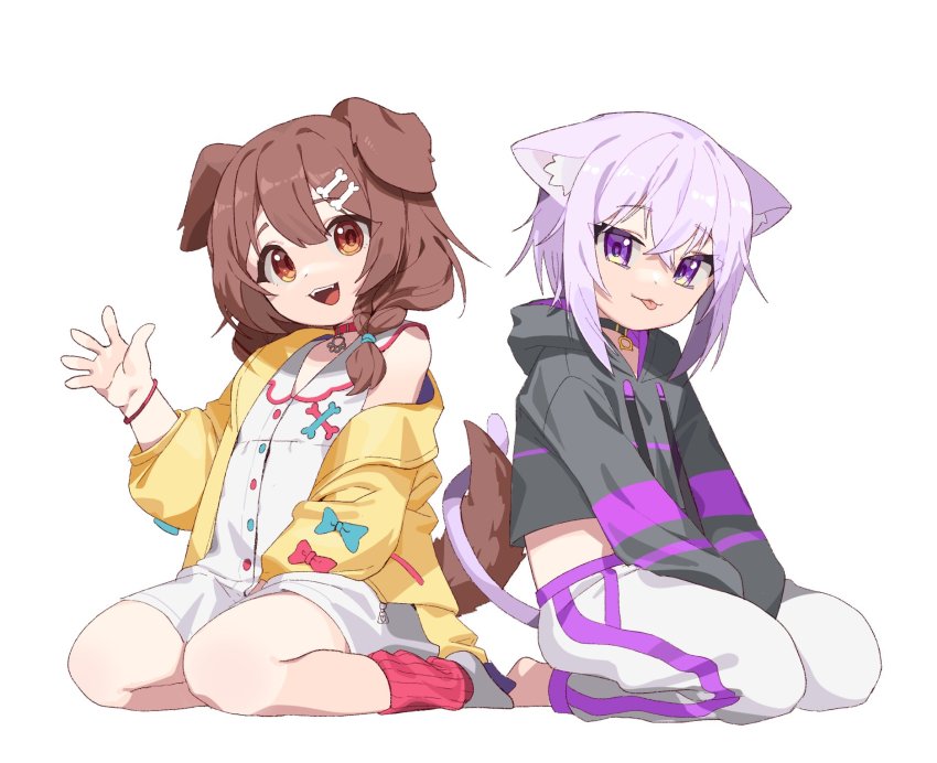 2girls, animal_ear_fluff, animal_ears, barefoot, black_choker, black_hoodie, blue_bow, bone_hair_ornament