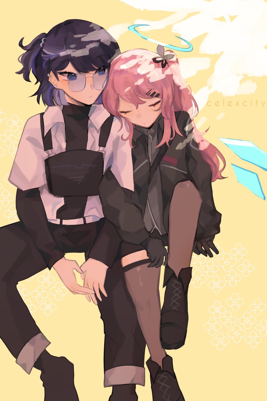 2girls, absurdres, ambriel_(arknights), andreana_(arknights), andreana_(silent_arrow)_(arknights), arknights, artist_name, black_footwear