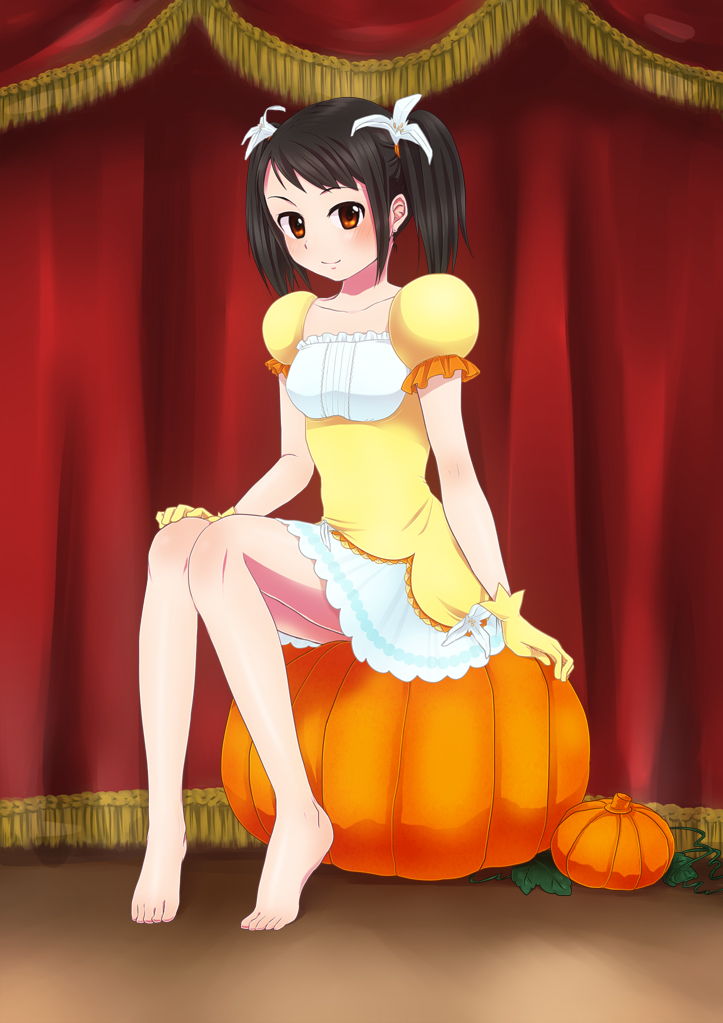 1girl, alternate_hairstyle, arm_at_side, barefoot, black_hair, breasts, brown_eyes, curtains