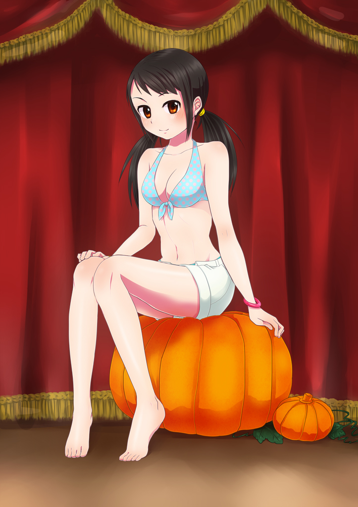 1girl, arm_at_side, armpits, barefoot, bikini, black_hair, blue_bikini, breasts