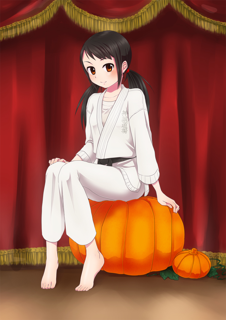 1girl, arm_at_side, barefoot, belt, black_belt, black_hair, black_sash, breasts