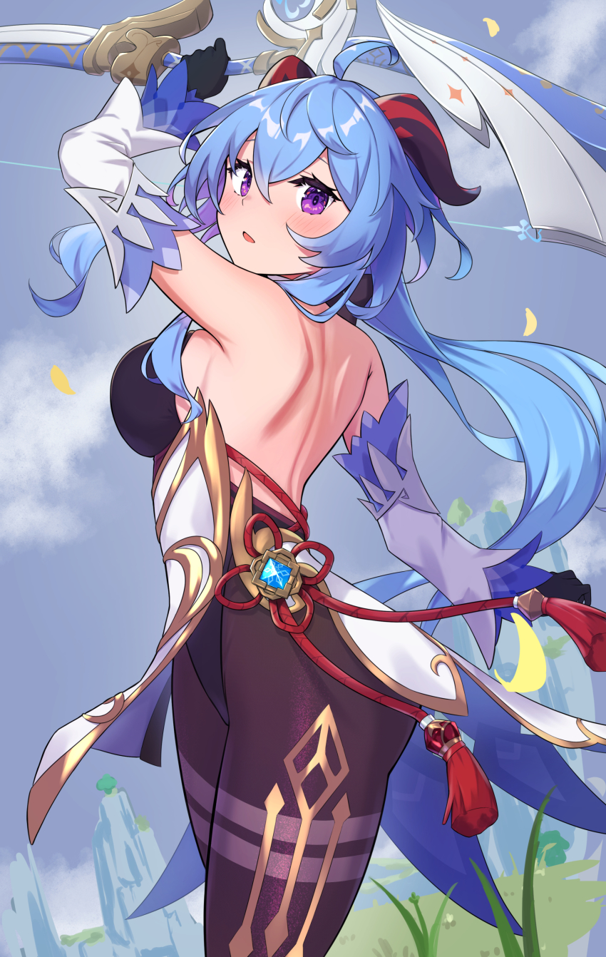 1girl, absurdres, ahoge, amos'_bow_(genshin_impact), arm_up, armpits, back, backless_outfit