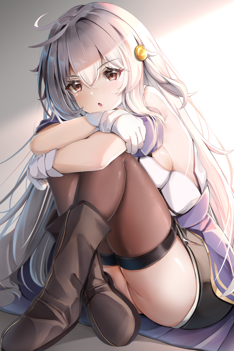 1girl, bare_shoulders, black_boots, black_shorts, blue_sleeves, boots, breasts, brown_eyes