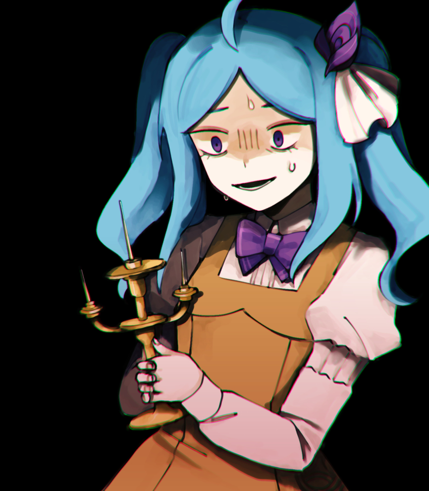 1girl, blue_hair, bow, candle, candlestand, collared_shirt, dress, flower