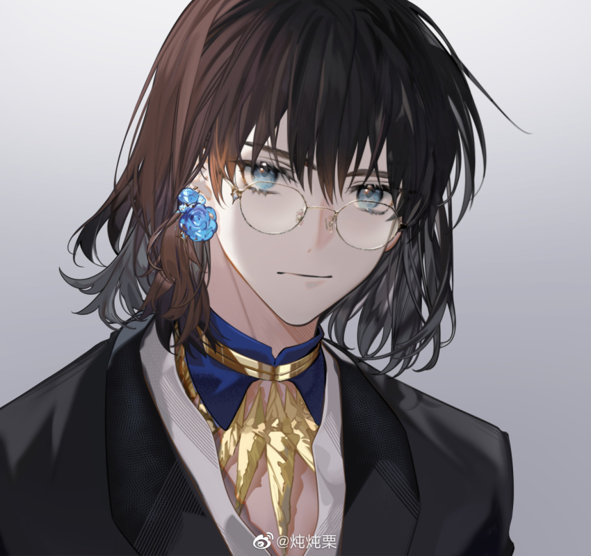 1boy, arlizi, black_jacket, blue_eyes, chinese_commentary, closed_mouth, earrings, fate/grand_order, fate_(series), flower_earrings, glasses, gradient_background, grey_background, highres, jacket, jewelry, long_hair, looking_at_viewer, male_focus, medium_hair, oberon_(fate), oberon_(overnight_dream)_(fate), oberon_(third_ascension)_(fate), official_alternate_costume, shirt, single_earring, solo, spoilers, watermark, weibo_watermark, white_shirt