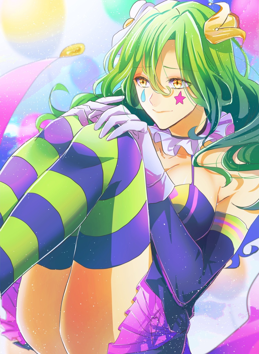 1girl, absurdres, breasts, crayon_(toh), dress, facial_mark, gloves, green_hair, hat, highres, jester, jester_cap, large_breasts, long_hair, looking_to_the_side, marking_on_cheek, multicolored_background, multicolored_clothes, pale_skin, star_(symbol), striped_clothes, striped_legwear, striped_thighhighs, tattoo, teardrop_facial_mark, teardrop_tattoo, thighhighs, thighs, tower_of_hanoi, wavy_hair, yellow_eyes, zinseihamoe