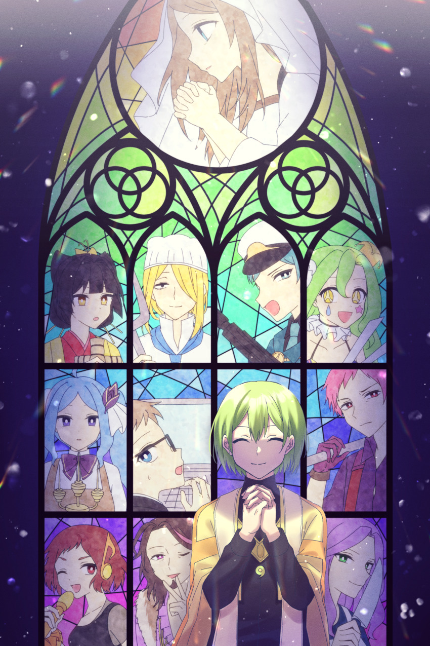 6+boys, 6+girls, absurdres, adams_(toh), black_hair, blonde_hair, blue_eyes, blue_hair, bow, bridal_veil, bride, brown_hair, cameron_(toh), candlestand, character_request, cindy_(toh), closed_eyes, coral_(toh), crayon_(toh), facial_mark, facing_viewer, georges_(toh), glasses, green_eyes, green_hair, gun, hair_bow, hair_ornament, hat, headphones, highres, holding, holding_weapon, kimon_noroi, long_hair, looking_at_viewer, marking_on_cheek, merry_tika, mira_(toh), multiple_boys, multiple_girls, nanashi_(toh), one_eye_closed, own_hands_together, pale_skin, pink_hair, praying, purple_eyes, purple_hair, red_eyes, rifle, roland_(toh), short_hair, star_(symbol), tattoo, teardrop_facial_mark, teardrop_tattoo, tower_of_hanoi, twintails, veil, weapon, yellow_eyes, yume_(bp25mt)