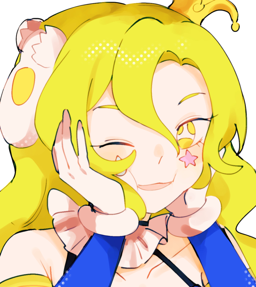 1girl, crayon_(toh), detached_sleeves, egg_hair_ornament, food-themed_hair_ornament, green_hair, hair_ornament, hands_on_own_cheeks