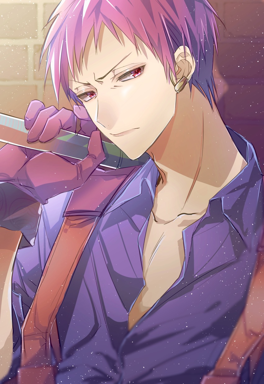 1boy, absurdres, brick_wall, collared_shirt, ear_piercing, glaring, gloves, highres