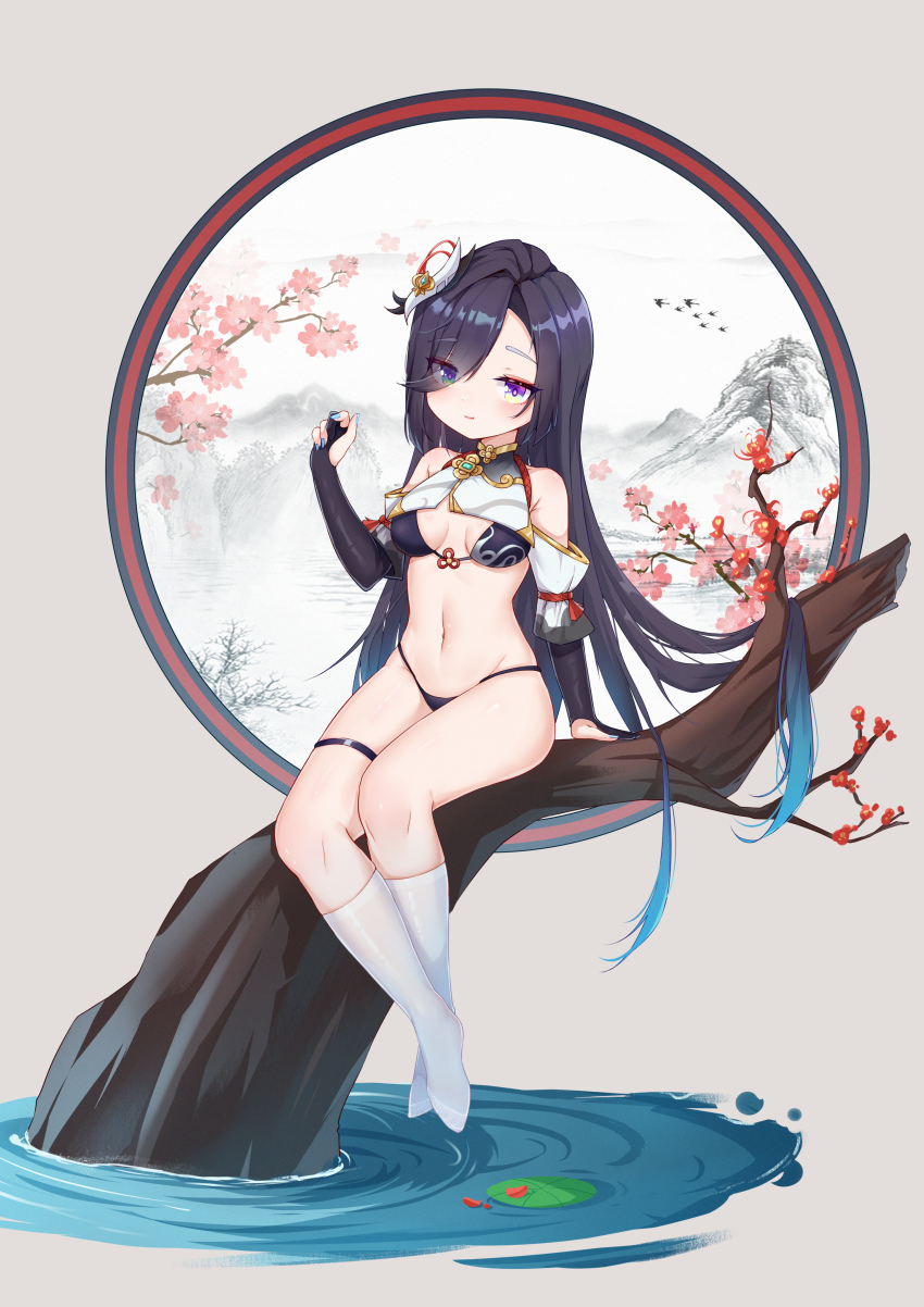 1girl, absurdres, adapted_costume, aged_down, alternate_hair_color, aqua_nails, arm_at_side, arm_up, bikini, bikini_under_clothes, black_bikini, black_gloves, black_hair, single_breast_curtain, breasts, circle, clothing_cutout, crossed_ankles, elbow_gloves, eyes_visible_through_hair, flower, full_body, genshin_impact, gloves, groin, hair_ornament, hair_over_one_eye, hand_up, highres, in_tree, kneehighs, leaf, lily_pad, long_hair, looking_at_viewer, maozi_tutu, nail_polish, navel, no_shoes, painting_(object), partially_fingerless_gloves, petals, red_flower, shenhe_(genshin_impact), shenhe_(young)_(genshin_impact), shoulder_cutout, sitting, socks, solo, swimsuit, tassel, thigh_strap, tree, very_long_hair, water