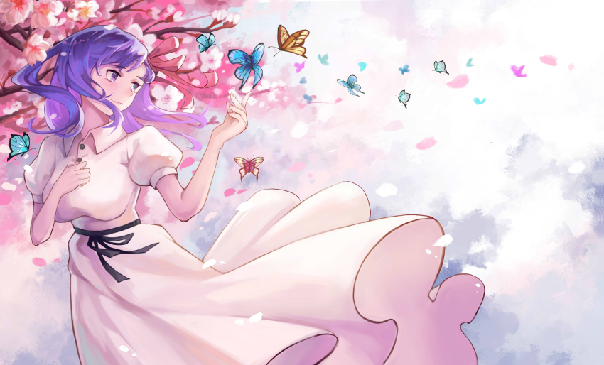 1girl, absurdres, black_ribbon, breasts, bug, butterfly, cherry_blossoms, chinese_commentary, closed_mouth, collared_dress, commentary_request, dress, fate/stay_night, fate_(series), hair_ribbon, hand_on_own_chest, hand_up, highres, insect, large_breasts, light_smile, long_hair, looking_afar, matou_sakura, nekocat, official_alternate_costume, puffy_short_sleeves, puffy_sleeves, purple_eyes, purple_hair, red_ribbon, ribbon, short_sleeves, solo, upper_body