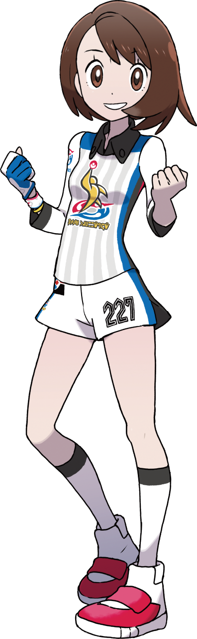 1girl, breasts, brown_eyes, brown_hair, dynamax_band, gloria_(pokemon), gloves, gym_shirt