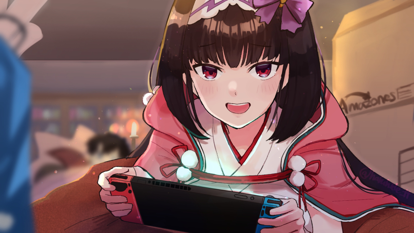 1girl, bow, box, brown_hair, cardboard_box, cloak, fate/grand_order, fate_(series)