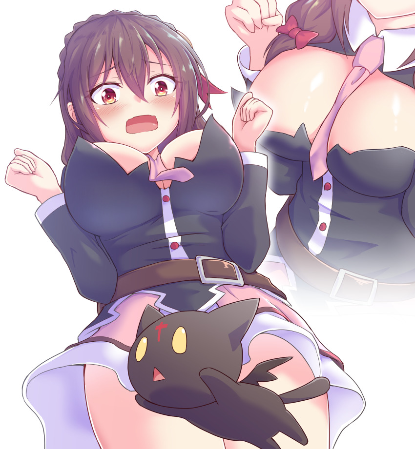 1girl, absurdres, belt, between_breasts, black_cat, blush, bow, braid, breasts, brown_hair, cat, chomusuke, cleavage, clenched_hand, convenient_censoring, crown_braid, embarrassed, hair_bow, hair_ornament, highres, kono_subarashii_sekai_ni_shukufuku_wo!, large_breasts, medium_hair, miniskirt, multiple_views, necktie, no_panties, open_mouth, pink_necktie, pink_skirt, red_eyes, ribbon, saisyuusensi, shiny_skin, simple_background, skirt, thighs, white_background, yonic_symbol, yunyun_(konosuba)
