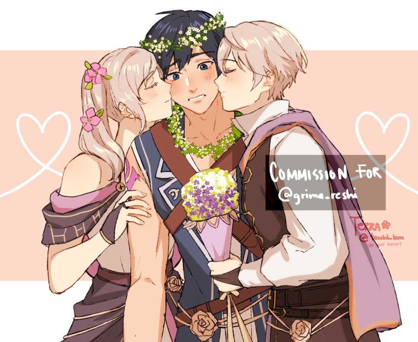 1girl, 2boys, alternate_costume, bisexual_male, blue_hair, blush, bouquet, cape, chrom_(fire_emblem), chrom_(valentine)_(fire_emblem), closed_eyes, dual_persona, female_robin_(fire_emblem), female_robin_(valentine)_(fire_emblem), fire_emblem, fire_emblem_awakening, fire_emblem_heroes, flower, flower_necklace, hair_flower, hair_ornament, head_wreath, hetero, highres, jewelry, kiss, kissing_cheek, male_robin_(fire_emblem), male_robin_(valentine)_(fire_emblem), multiple_boys, necklace, nintendo, official_alternate_costume, silver_hair, single_sleeve, tecchi_kun, yaoi