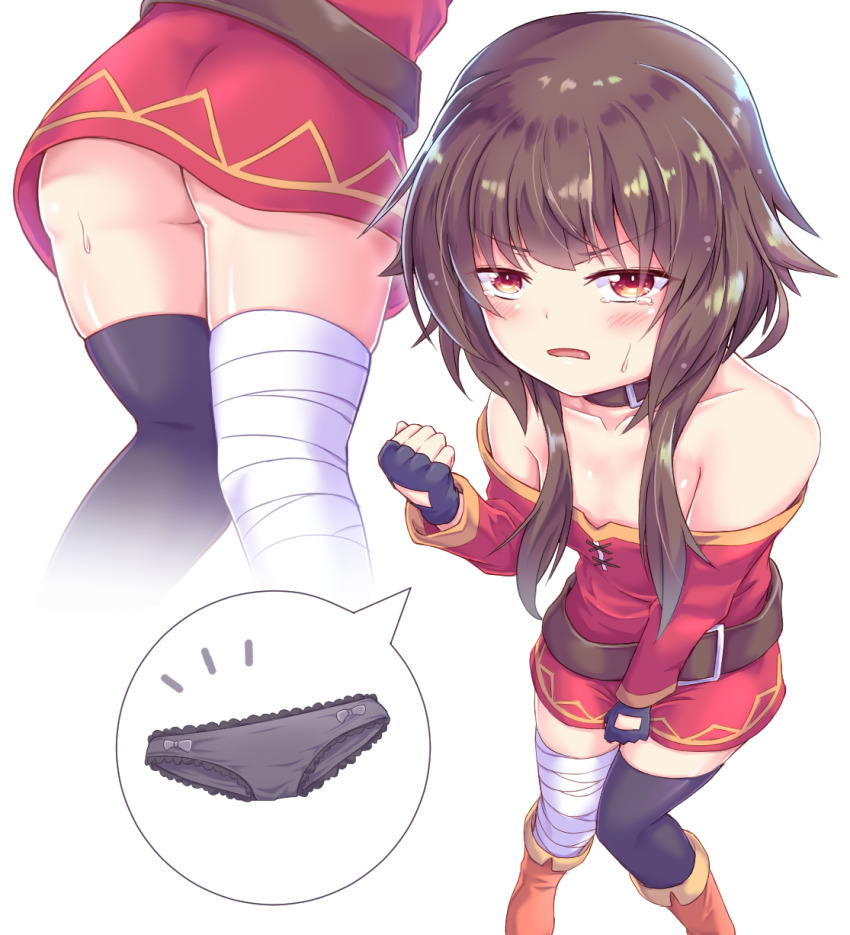 1girl, ass, asymmetrical_legwear, bandaged_leg, bandages, bare_shoulders, belt, between_legs, black_gloves, black_panties, black_thighhighs, blush, boots, breasts, brown_hair, clenched_hand, clothes_theft, collar, collarbone, covering_crotch, covering_privates, cowboy_shot, dress, embarrassed, fingerless_gloves, from_behind, gloves, hand_between_legs, highres, kono_subarashii_sekai_ni_shukufuku_wo!, megumin, mismatched_legwear, multiple_views, no_panties, off-shoulder_dress, off_shoulder, panties, red_dress, red_eyes, bow_panties, saisyuusensi, short_dress, short_hair, short_hair_with_long_locks, sidelocks, simple_background, single_thighhigh, small_breasts, speech_bubble, sweat, tearing_up, theft, thighhighs, thighs, underwear, underwear_theft, unworn_panties, upskirt, white_background