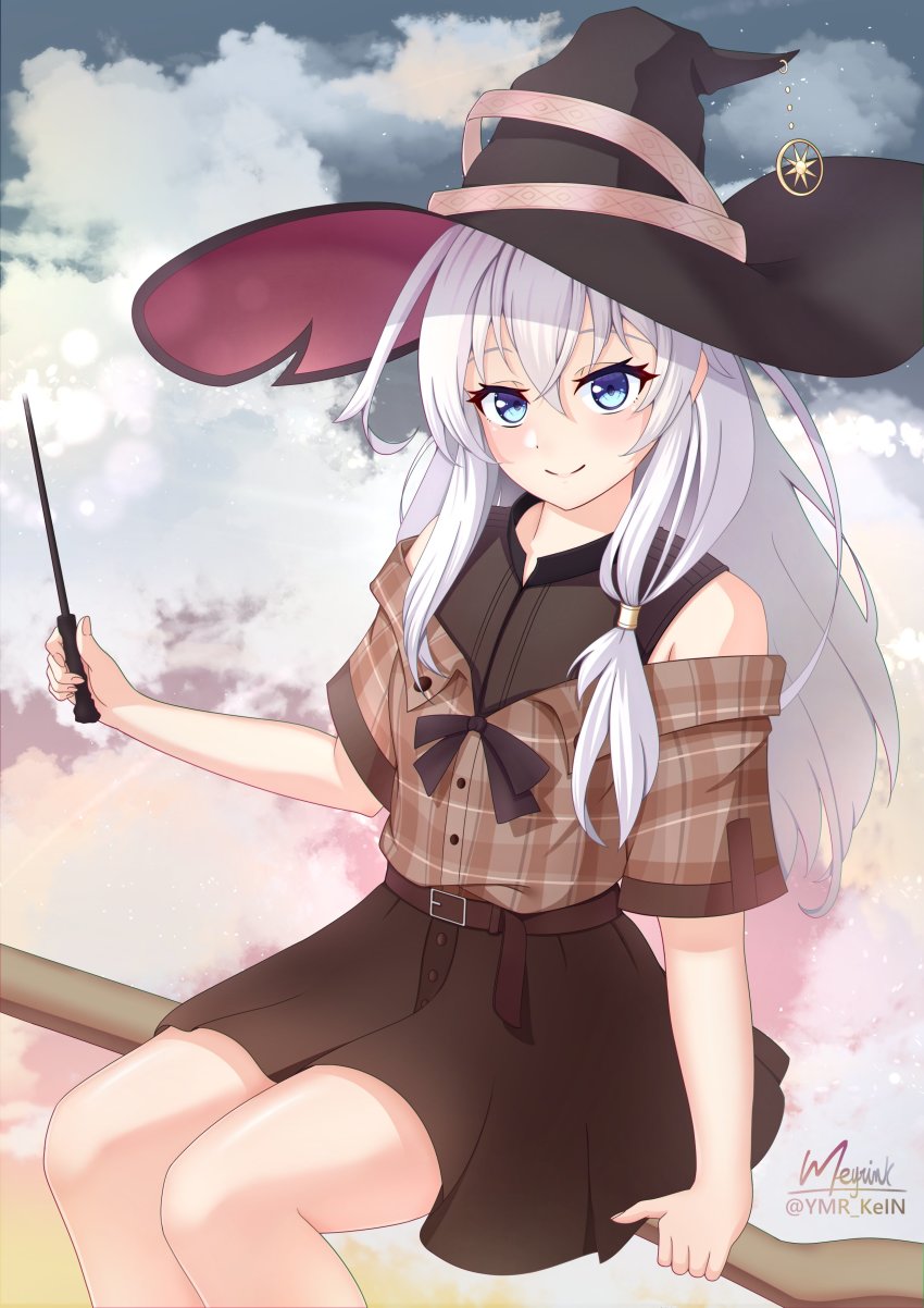 1girl, absurdres, blue_eyes, broom, broom_riding, elaina_(majo_no_tabitabi), hat, highres