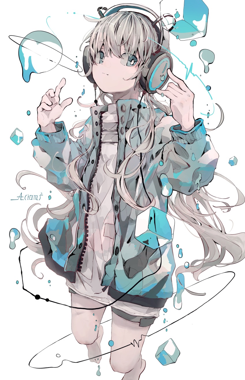 1girl, absurdres, aiamu_iamu, aqua_eyes, artist_name, audio_visualizer, blue_jacket, closed_mouth