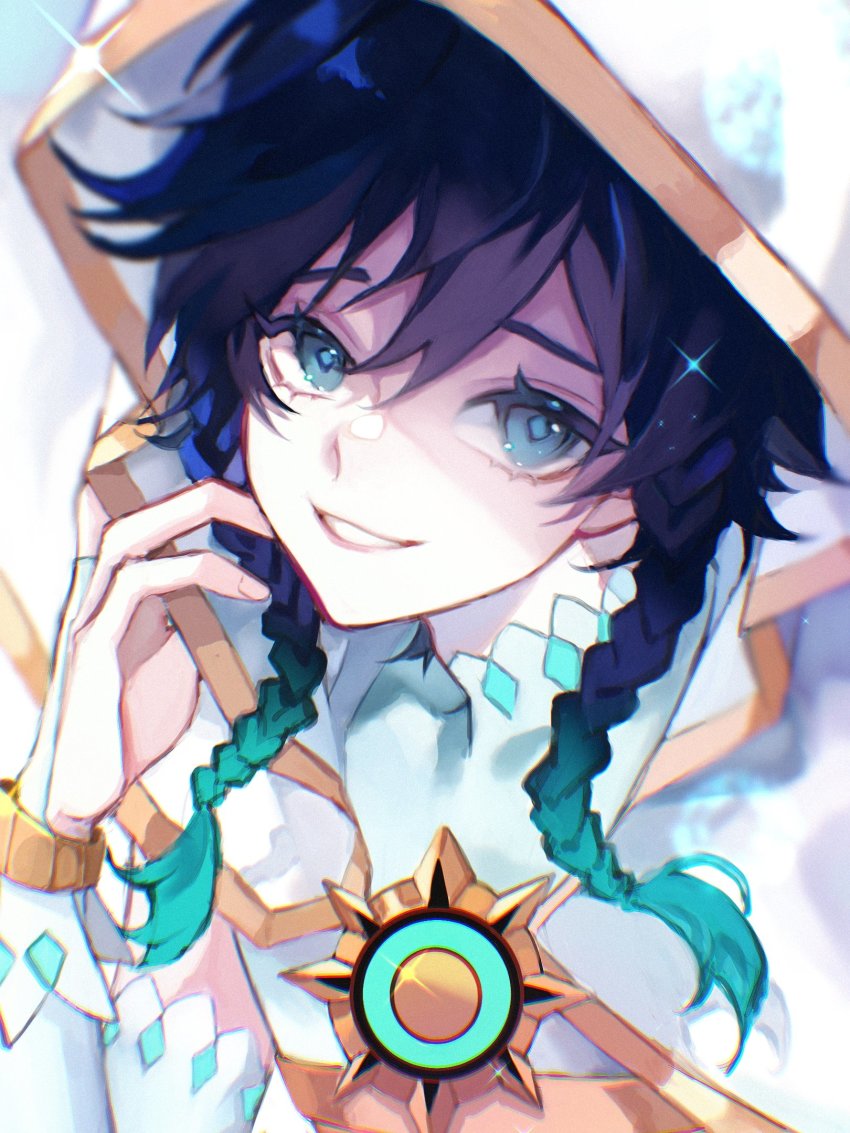 1boy, aqua_hair, black_hair, blue_eyes, braid, bridal_gauntlets, capelet, commentary, crop_top, english_commentary, genshin_impact, gloves, gold_trim, gradient_hair, highres, hood, hood_up, hooded_capelet, looking_at_viewer, male_focus, mayu_mey, multicolored_hair, official_alternate_costume, short_hair_with_long_locks, smile, solo, twin_braids, venti_(archon)_(genshin_impact), venti_(genshin_impact), white_gloves