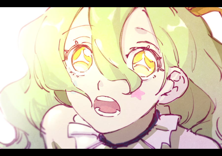 1girl, :o, arima_ataru, crayon_(toh), facial_mark, green_hair, hat, jester_cap