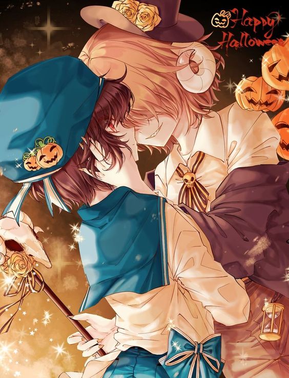 2boys, bad_id, bad_twitter_id, blonde_hair, brown_hair, cane, demon, demon_boy, demon_horns, hair_over_eyes, halloween, hands_on_another's_cheeks, hands_on_another's_face, happy_halloween, hat, henri_die_heilige, horns, hourglass, jack-o'-lantern, long_sleeves, mini_hat, multiple_boys, pale_skin, penguin1705, pocket_mirror, pumpkin, red_eyes, sharp_teeth, skull, smirk, strange_boy, teeth, yaoi