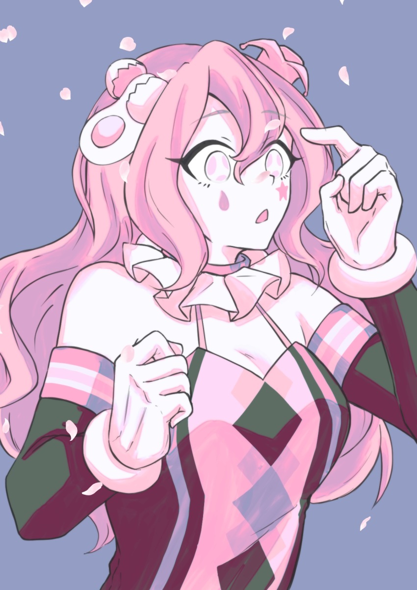 1girl, :o, breasts, cherry_blossoms, detached_sleeves, egg_hair_ornament, facial_mark, flower, food-themed_hair_ornament, gloves, hair_ornament, hat, highres, jester_cap, long_hair, looking_to_the_side, pale_skin, petals, pink_hair, star_(symbol), star_tattoo, tattoo, teardrop_facial_mark, teardrop_tattoo, tower_of_hanoi, trtn, wavy_hair, yellow_eyes