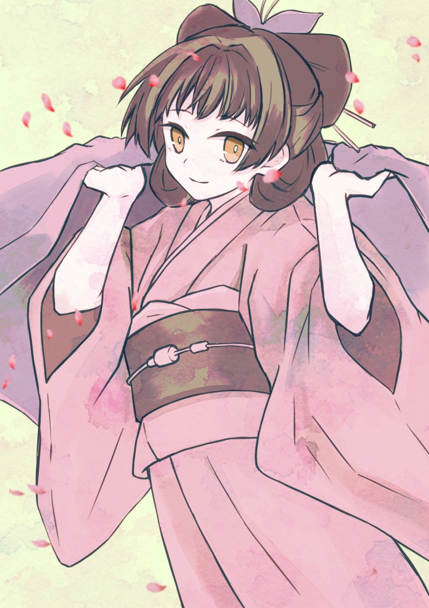 1girl, black_hair, falling_petals, hair_ornament, hair_ornament_request, hairstyle_request, highres, japanese_clothes