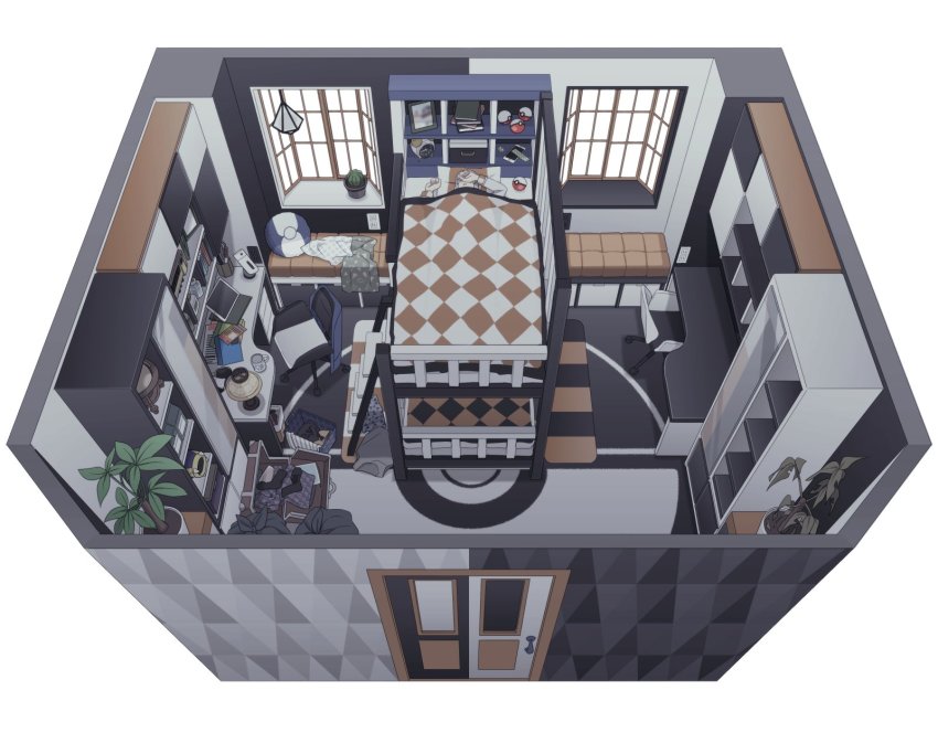 1boy, alarm_clock, apartment, bed, blanket, book, bookmark, bunk_bed, cactus, cellphone, chair, clock, closet, coffee_mug, commentary_request, cup, cushion, desk, desk_lamp, eelektross, electrical_outlet, emmet_(pokemon), gen_5_pokemon, globe, highres, indoors, itou_(mogura), ladder, lamp, lying, messy_room, mug, nintendo, phone, photo_(object), pillow, plant, poke_ball, poke_ball_symbol, pokemon, pokemon_(creature), pokemon_black_and_white, potted_plant, sleeping, smartphone, stuffed_animal, stuffed_toy, suitcase, tablet_pc, tank_top, trash_bag, trash_can, under_covers, wilting, window