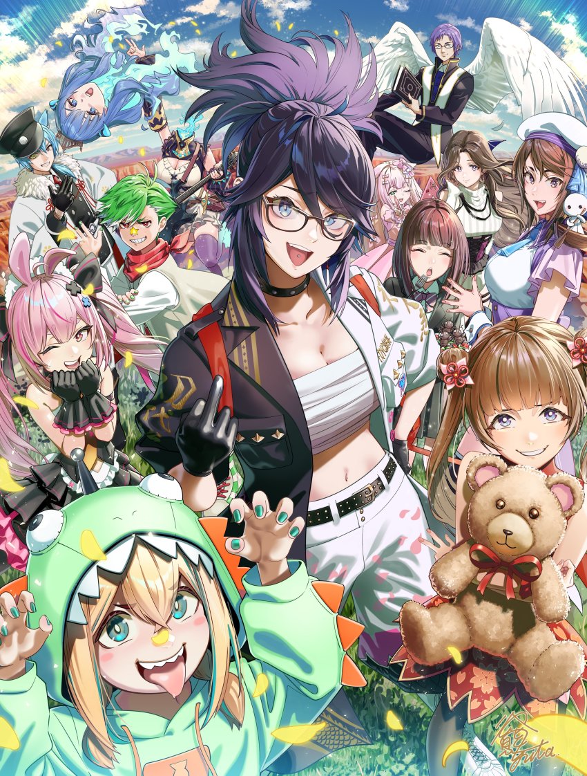 18-gou_(vtuber), 3boys, 6+girls, :o, ^_^, absurdres, amano_pikamee, annotated, belt, beret, black_collar, black_gloves, black_hair, black_jacket, blonde_hair, blue_eyes, blue_hair, blush, breasts, brown_belt, chiho_(vtuber), claw_pose, clenched_hands, closed_eyes, collar, daimonji_ryugon, disembodied_head, dullahan, finger_gun, fire, glasses, gloves, green_hair, green_hoodie, green_nails, hanaoka_momo, hat, highres, holding, holding_stuffed_toy, hood, hoodie, indie_virtual_youtuber, iruma_koheita, jacket, kamishiro_taishi, kou-rin, kson, large_breasts, looking_at_viewer, maha5, maha5japan, middle_finger, midriff, multicolored_hair, multicolored_jacket, multiple_boys, multiple_girls, musubuno_ribbon, nail_polish, navel, one_eye_closed, piercing, pink_hair, pointing, pointing_up, ponytail, prism_project, rikudou_yura, sandal_master, sarashi, sharp_teeth, smile, souchou, streaked_hair, stuffed_animal, stuffed_toy, teddy_bear, teeth, tomari_mari, tongue, tongue_out, tongue_piercing, twintails, two-tone_jacket, virtual_youtuber, voms, white_gloves, white_hair, white_headwear, white_jacket, wings