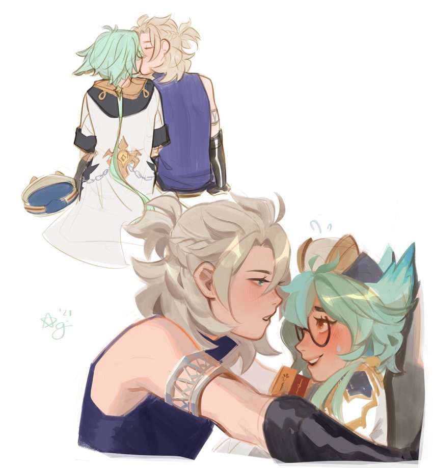 1boy, 1girl, albedo_(genshin_impact), aleikats, androgynous, animal_ears, blonde_hair, blue_eyes