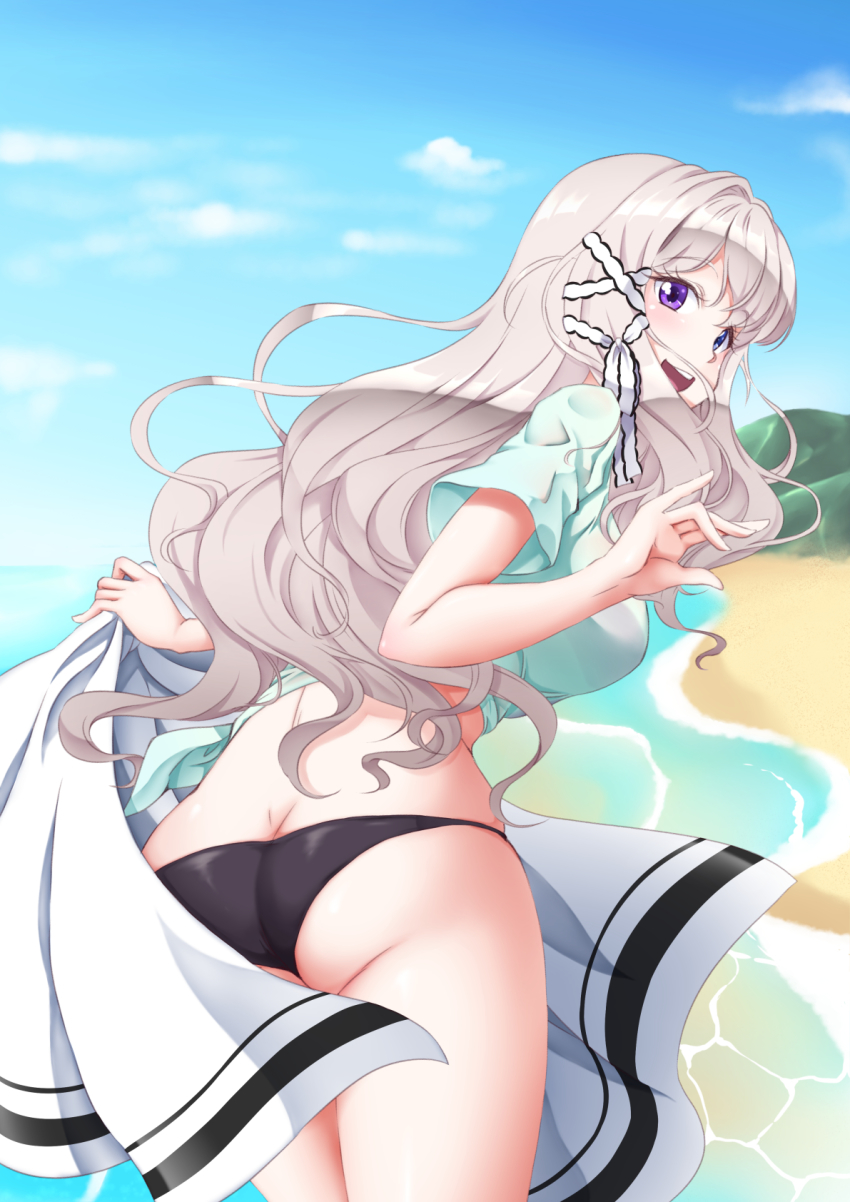 1girl, alternate_costume, aqua_shirt, ass, azur_lane, beach, bikini, black_bikini