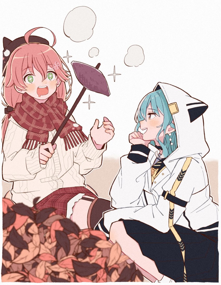 +_+, 2girls, ahoge, animal_hood, blue_hair, blush, checkered_clothes, checkered_scarf
