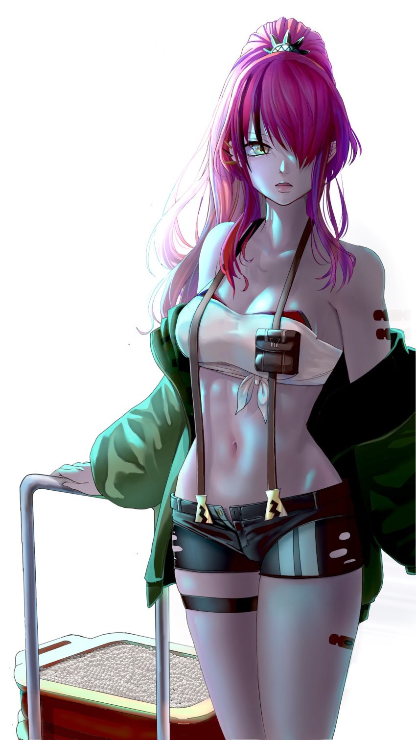 1girl, akutaji, bandaid, bandaid_on_leg, bandaid_on_thigh, bandeau, bare_shoulders, black_hair, black_shorts, breasts, cleavage, commentary_request, cowboy_shot, green_jacket, hair_over_one_eye, highres, jacket, lain_paterson, lain_paterson_(1st_costume), long_hair, long_sleeves, looking_at_viewer, medium_breasts, midriff, multicolored_hair, navel, nijisanji, off_shoulder, open_clothes, open_fly, open_jacket, parted_lips, pouch, red_hair, short_shorts, shorts, simple_background, solo, standing, stomach, strapless, streaked_hair, suspenders, thigh_strap, thighs, tube_top, virtual_youtuber, white_background