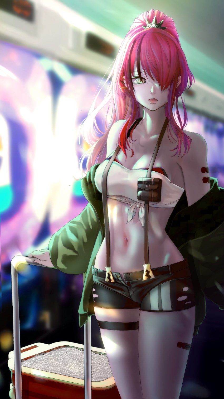 1girl, akutaji, bandaid, bandaid_on_leg, bandaid_on_thigh, bandeau, bare_shoulders, black_hair, black_shorts, breasts, cleavage, commentary_request, cowboy_shot, green_jacket, hair_over_one_eye, highres, indoors, jacket, lain_paterson, lain_paterson_(1st_costume), long_hair, long_sleeves, looking_at_viewer, medium_breasts, midriff, multicolored_hair, navel, nijisanji, off_shoulder, open_clothes, open_fly, open_jacket, parted_lips, pouch, red_hair, short_shorts, shorts, solo, standing, stomach, strapless, streaked_hair, suspenders, thigh_strap, thighs, tube_top, virtual_youtuber