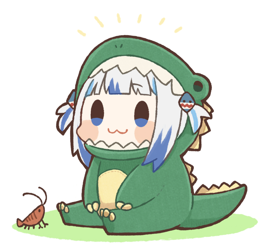 1girl, :3, blue_eyes, blunt_bangs, blush_stickers, chibi, commentary, dinosaur_costume, gawr_gura, highres, hololive, hololive_english, hood, hood_up, multicolored_hair, same_anko, shrimp, sitting, smile, solo, streaked_hair, untranslatable_commentary, tail, two-tone_hair, two_side_up, virtual_youtuber, white_hair
